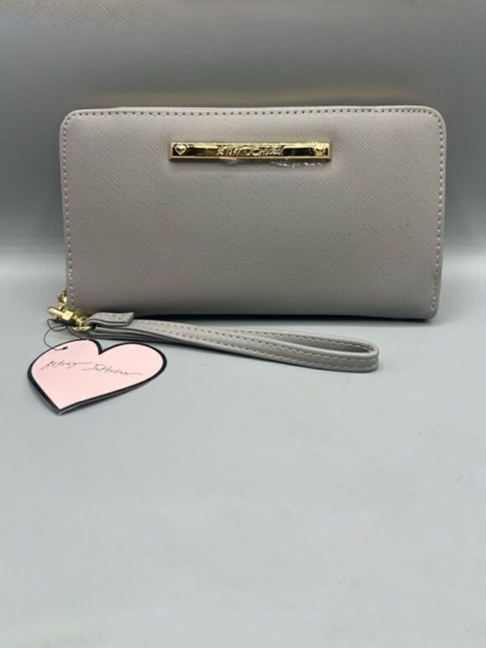Betsey Johnson Gray Logo Zip Around Wallet Wristlet Women’s Faux Leather